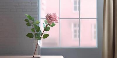 Wood window and rose plant flower on table with sun light copy space blurred background, AI Generated photo