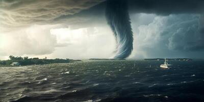 Waterspout or tornado over water natural disaster, AI Generated photo