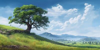 Mountain and field rice tree, clean sky background. AI Generated photo