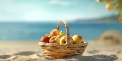 Picnic with peach on beach sand holiday background. AI Generated photo