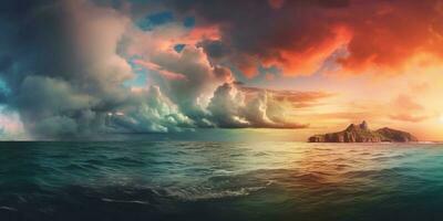 Rainbow sky in ocean dramatic photo nature, AI Generated