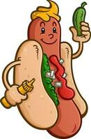 A stylish hot dog holding a mustard squirter and a delicious dill pickle vector clip art drawing