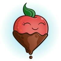 An adorable strawberry cartoon character covered in melted chocolate with a big cheerful smile vector