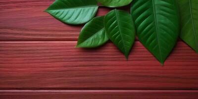 Wooden red board and leaf copy space background. AI Generated, photo