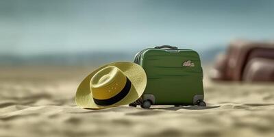 Straw hat and green suitcase on beach sand holiday background. AI Generated photo