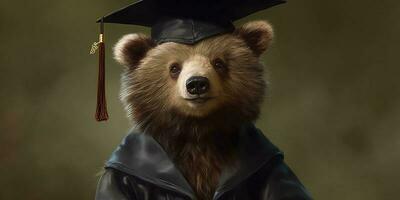 oso y graduación gorra dibujos animados animación, ai generado foto