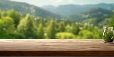 Brown wood floor and plant background, product display copy space, AI Generated photo