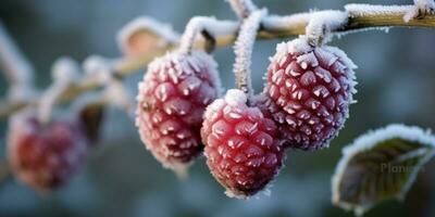 Ice storm trees and berry fruit freeze in winter, AI Generated photo