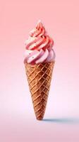 Ice cream cone waffle with strawberry topping background. photo