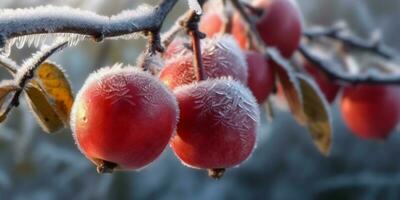 hielo tormenta arboles y baya Fruta congelar en invierno, ai generado foto