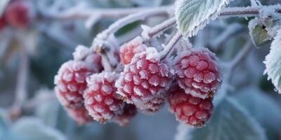 Ice storm trees and berry fruit freeze in winter, AI Generated photo