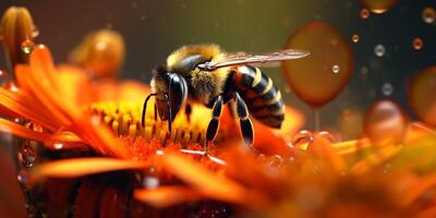 Bee perched on a leaf blurred background. photo