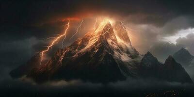 lightning in mountain, stormy weather and natural disaster, AI Generated photo