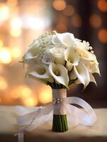 Ivory wedding bouquet flower on blurred window background. AI Generated photo