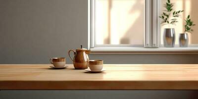 madera mesa y ventana con planta con Dom ligero Copiar espacio borroso fondo, ai generado foto