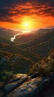 Sunset on mountain scene background plant and river. AI Generated photo