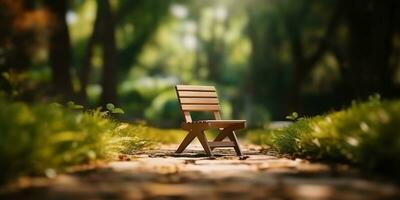 Wooden chair in the garden blurred background, AI Generated photo