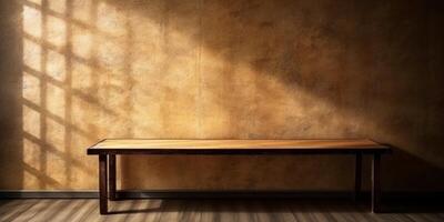 Wooden table and sun light black wall copy space background, AI Generated photo