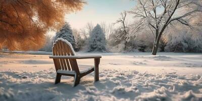 Wooden chair in the winter garden blurred background, AI Generated photo