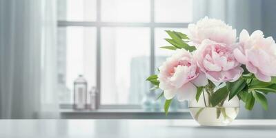 Pink peony flower and window with sun light copy space blurred background, AI Generated photo