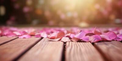 Wooden floor and blurred pink flower background copy space. AI Generated, photo