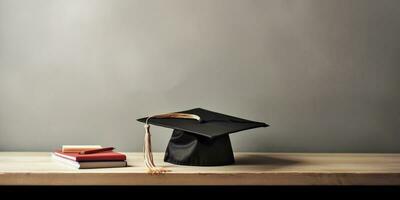 University graduation cap and book background, AI Generated photo