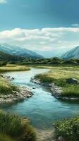 Mountain, river and sky copy space background. AI Generated photo