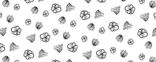 Seamless pattern with hand drawn flowers. Black and white vector illustration.