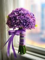 Heliotrope flower bridal bouquet blurred background. AI Generated photo
