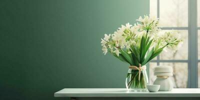 White Tuberose flower and window with sun light copy space blurred green wall background, AI Generated photo