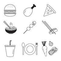 comida icono conjunto de hamburguesas, frito pollo, Sushi, fideos, verduras, zanahorias, repollo, cebollas, café bebidas, pizza, albóndigas, comida menú es dibujado línea plano negro aislado en blanco vector ilustración