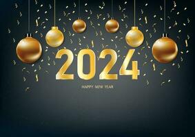 Happy new year 2024. with Golden numbers golden Christmas decorations and confetti on black blue background vector