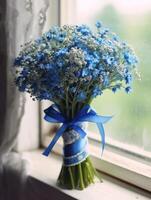 Forget me not flower wedding bouquet blurred background. AI Generated photo