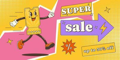 Sale banner, retro groovy discount coupon character runs to super sale. Vector pop art background with halftone, abstract geometric shapes, direction indicator. For business, advertising, poster