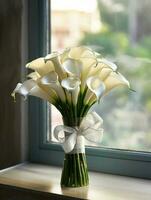 calla lirio Boda ramo de flores flor en borroso ventana antecedentes. ai generado foto