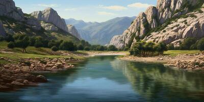 Mountain karst with water, valley, clean sky background. photo