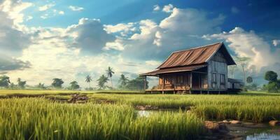 campo arroz con de madera casa, limpiar cielo antecedentes. ai generado foto
