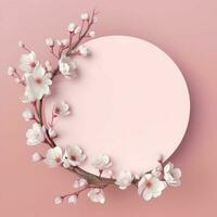 Circle made of white flowers and branches copy space background. AI Generated photo