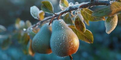 hielo tormenta arboles y Pera Fruta congelar en invierno, ai generado foto