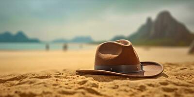 Straw hat on beach sand holiday background. AI Generated photo