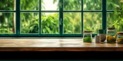 Wooden dining table blurred window copy space background, AI Generated photo