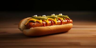 Hot dog sausage blurred background, AI Generateand photo