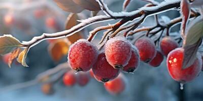 hielo tormenta arboles y rojo Fruta congelar en invierno, ai generado foto