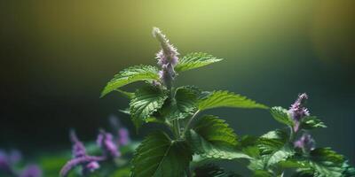 Nettle flower, copy space blurred background, photo