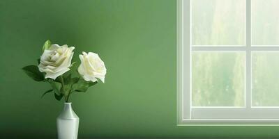 White rose flower and window with sun light copy space blurred background, AI Generated photo