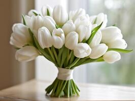 White tulip wedding bouquet flower on blurred window background. AI Generated photo