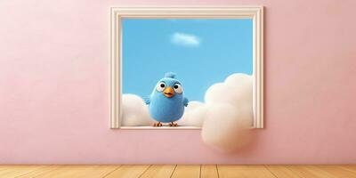 pájaro en de madera ventana animal arcilla dibujos animados animación, ai generado foto