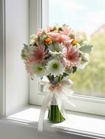 Stock flower wedding bouquet blurred background. AI Generated photo