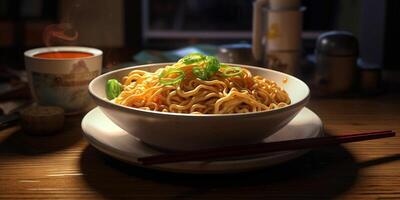 Noodle instant food blurred background, AI Generateand photo