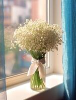 Babys breath flower copy space blurred window background. photo